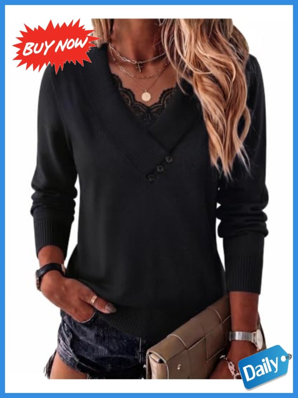 Wool Blend V-Neck Button Lace Pullover Sweater Long Sleeve Business Casual